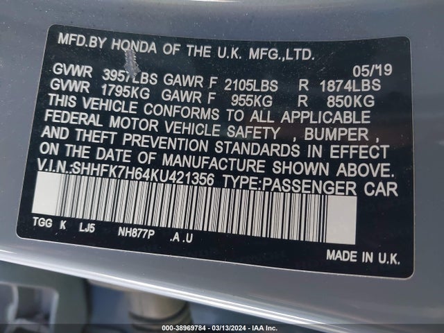 Honda CIVIC EX 2019 SHHFK7H64KU421356 Image 9
