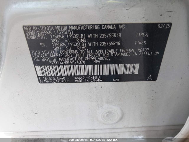 Toyota Rav4 Limited 2015 2T3YFREV8FW174378 Image 9