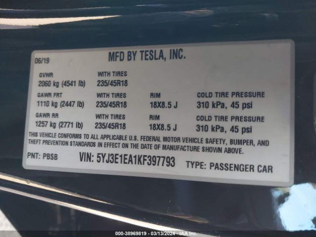 5YJ3E1EA1KF397793 Tesla Model 3 Long Range/mid Range/standard Range/standard Range Plus