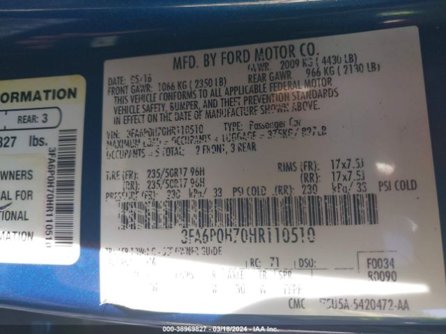 3FA6P0H70HR110510 Ford FUSION SE