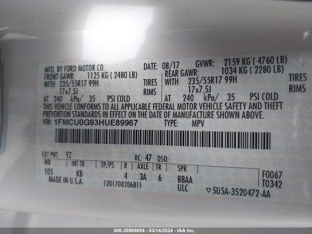 Ford ESCAPE SE 2017 1FMCU0G93HUE89967 Image 9