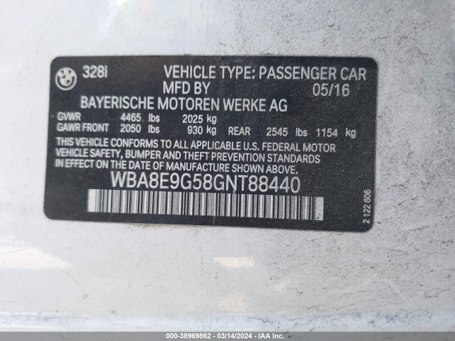 BMW 328I 2016 WBA8E9G58GNT88440 Image 9