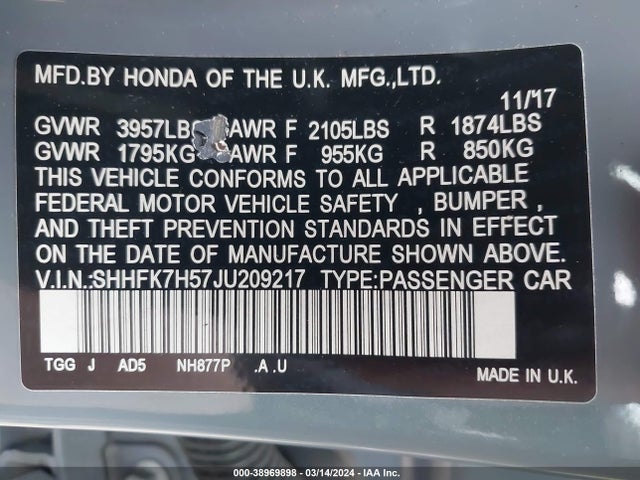 Honda CIVIC EX 2018 SHHFK7H57JU209217 Image 9