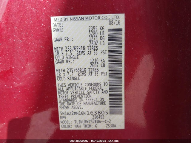 Nissan MURANO SL 2016 5N1AZ2MH1GN163805 Image 9