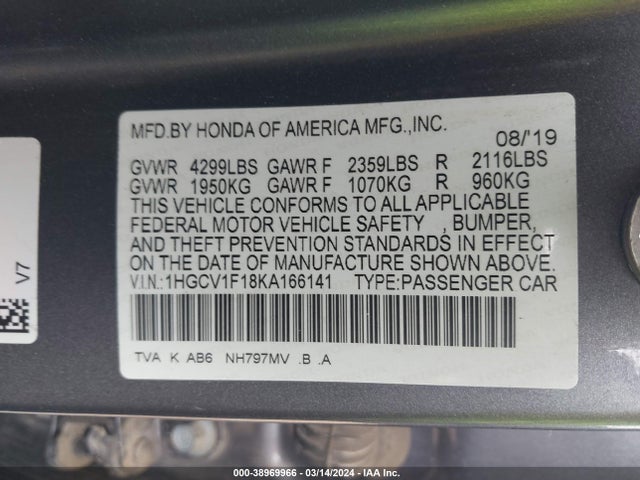 Honda ACCORD LX 2019 1HGCV1F18KA166141 Image 9