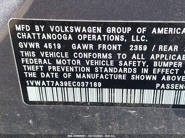 Volkswagen Passat 1.8t Wolfsburg Edition 2014 1VWAT7A39EC037189 Image 9