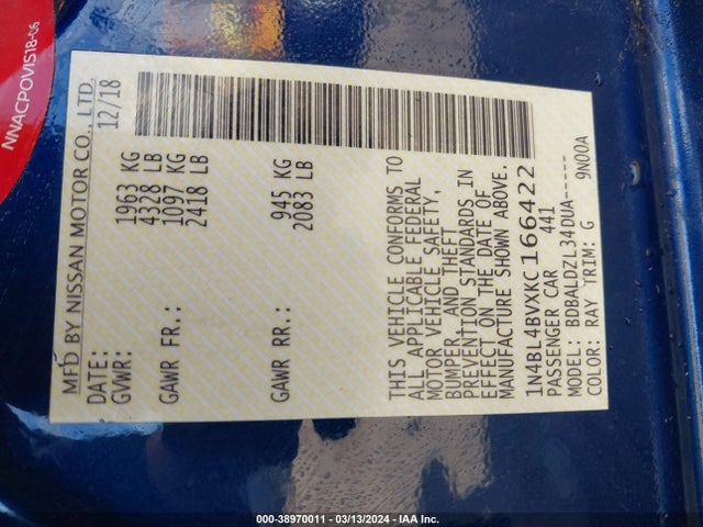 Nissan Altima 2.5 S 2019 1N4BL4BVXKC166422 Image 9