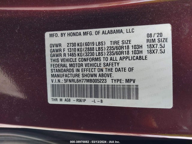 Honda Odyssey Ex-l 2021 5FNRL6H77MB005223 Image 9