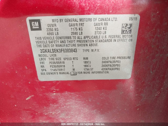 GMC Terrain Slt-1 2015 2GKALSEK3F6383843 Image 9