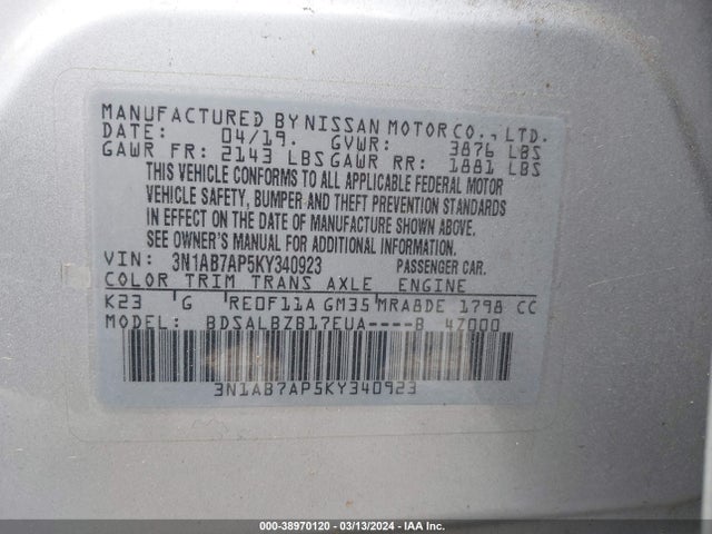Nissan SENTRA S 2019 3N1AB7AP5KY340923 Image 9