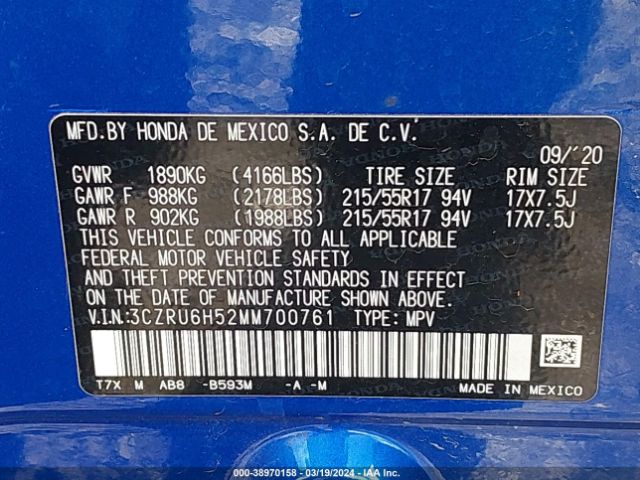 3CZRU6H52MM700761 Honda Hr-v Awd Ex