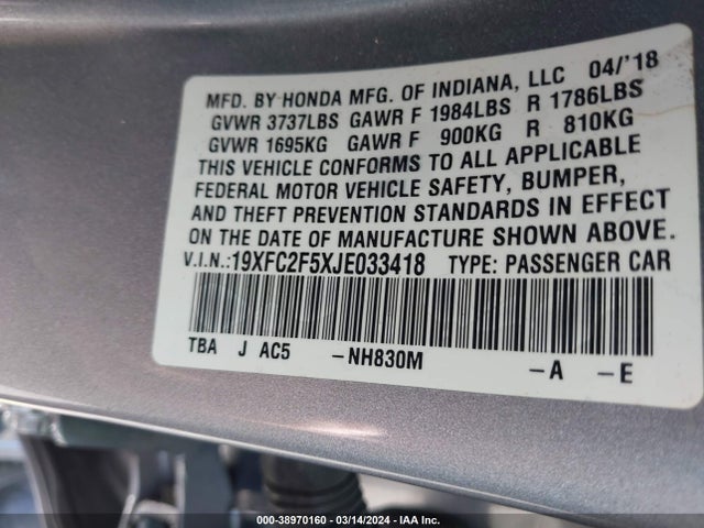 Honda Civic Lx 2018 19XFC2F5XJE033418 Image 9