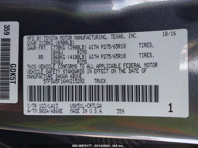 5TFSW5F16HX215292 Toyota Tundra Limited 5.7l V8