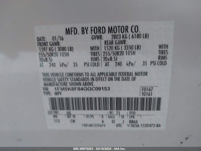Ford Explorer Limited 2016 1FM5K8F84GGC09153 Image 9