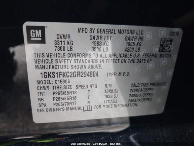 1GKS1FKC2GR294804 GMC Yukon Xl Sle