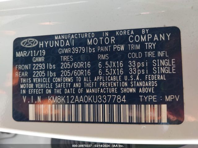 KM8K12AA0KU337784 Hyundai Kona Se