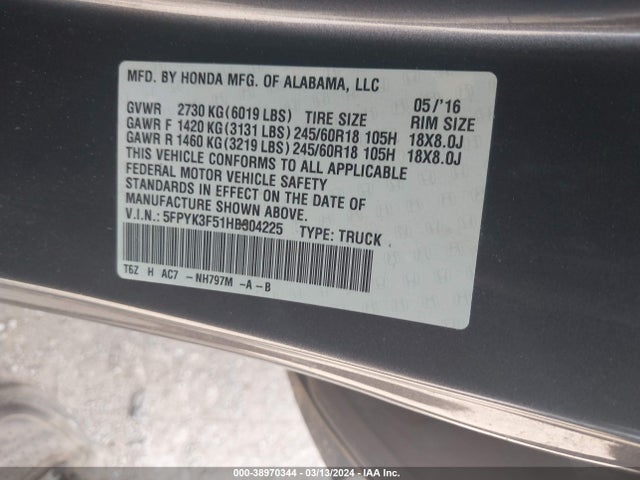 Honda Ridgeline Rtl 2017 5FPYK3F51HB004225 Image 9