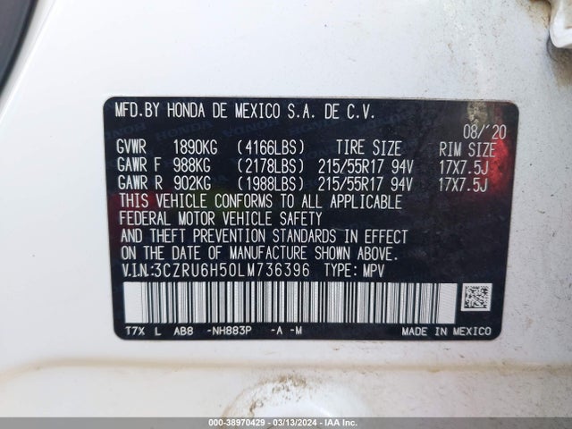 Honda Hr-v Awd Ex 2020 3CZRU6H50LM736396 Image 9