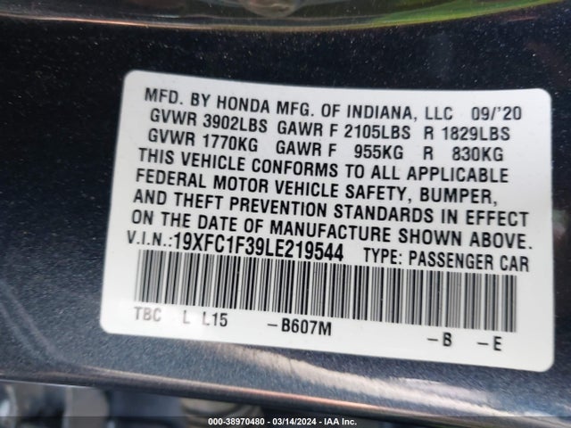 Honda CIVIC EX 2020 19XFC1F39LE219544 Image 9