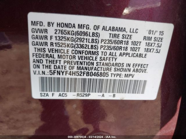 5FNYF4H52FB046805 Honda Pilot Ex-l