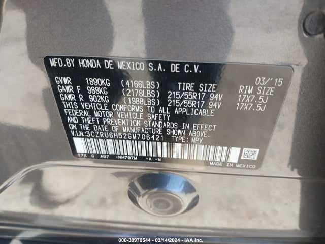 Honda HR-V EX 2016 3CZRU6H52GM706421 Image 9