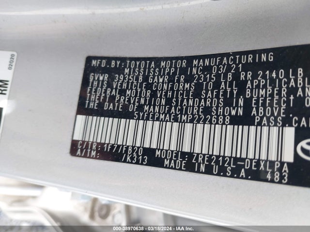 Toyota COROLLA LE 2021 5YFEPMAE1MP222688 Image 9