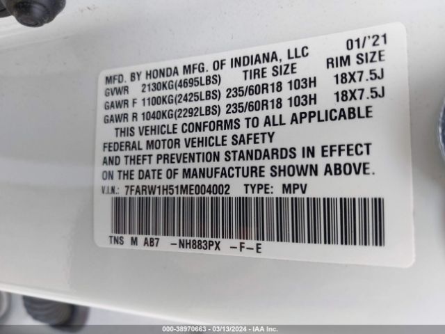 7FARW1H51ME004002 Honda Cr-v 2wd Ex