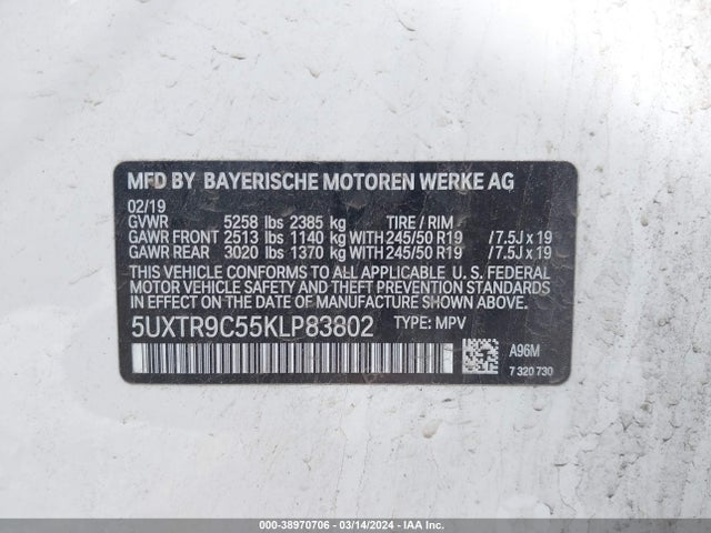 BMW X3 Xdrive30i 2019 5UXTR9C55KLP83802 Image 9
