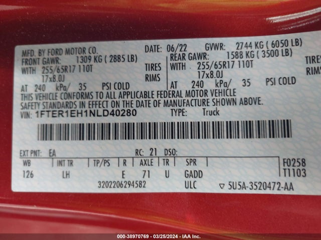 Ford RANGER XL 2022 1FTER1EH1NLD40280 Image 9