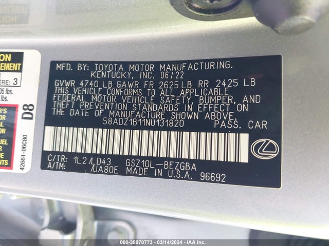 Lexus ES 350 2022 58ADZ1B11NU131820 Image 9