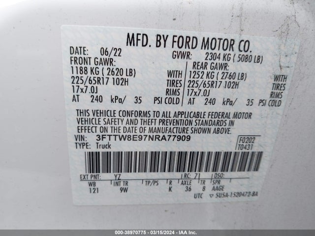 Ford Maverick Xl 2022 3FTTW8E97NRA77909 Image 9