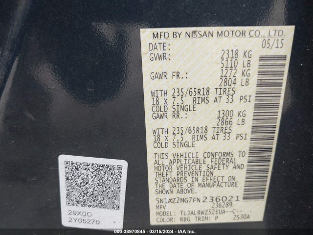 Nissan MURANO SL 2015 5N1AZ2MG7FN236021 Image 9