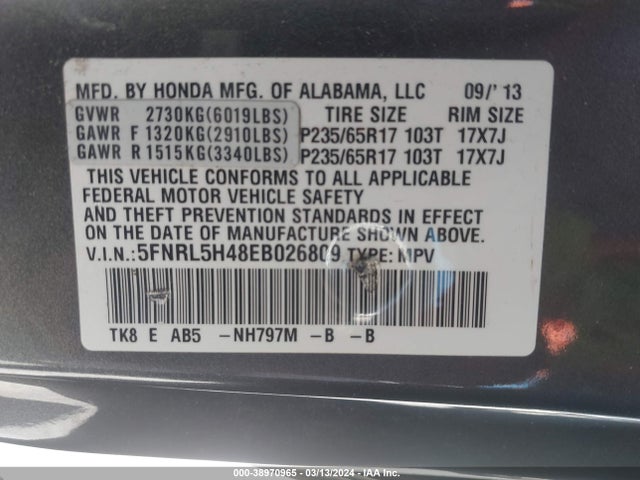Honda ODYSSEY EX 2014 5FNRL5H48EB026809 Image 9