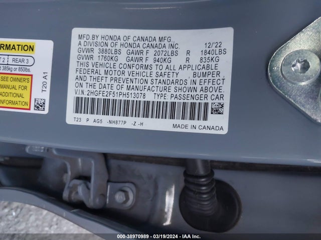 Продаж на аукціоні авто 2023 Honda Civic Sport, vin: 2HGFE2F51PH513078, номер лоту: 38970989