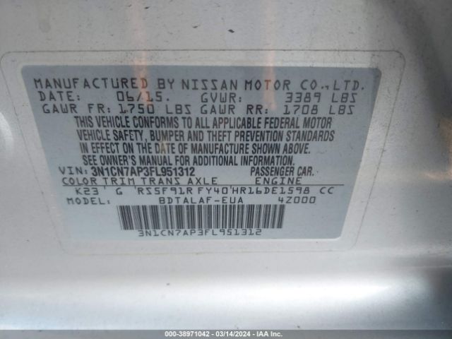 3N1CN7AP3FL951312 Nissan Versa 1.6 S