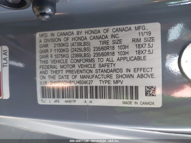 2HKRW2H81LH604627 Honda Cr-v Awd Ex-l