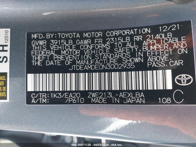 Toyota Corolla Hybrid Le 2022 JTDEAMDE0N3002935 Image 9