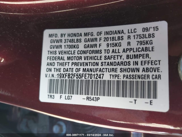 Honda Civic Lx 2015 19XFB2F55FE701247 Image 9