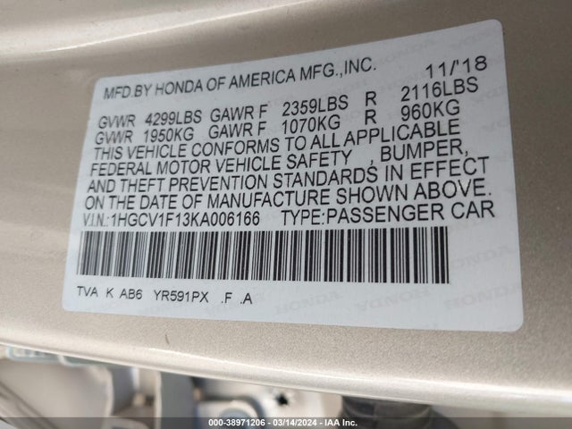 Honda ACCORD LX 2019 1HGCV1F13KA006166 Image 9