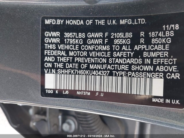 Honda CIVIC EX 2019 SHHFK7H60KU404327 Image 9