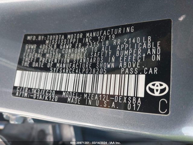 Toyota COROLLA SE 2020 5YFS4RCE4LP038205 Image 9