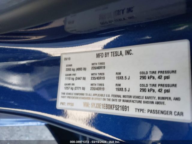 5YJ3E1EBOKF521691 Tesla Model 3 Long Range/performance