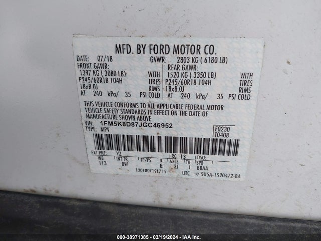 Ford EXPLORER XLT 2018 1FM5K8D87JGC46952 Image 9