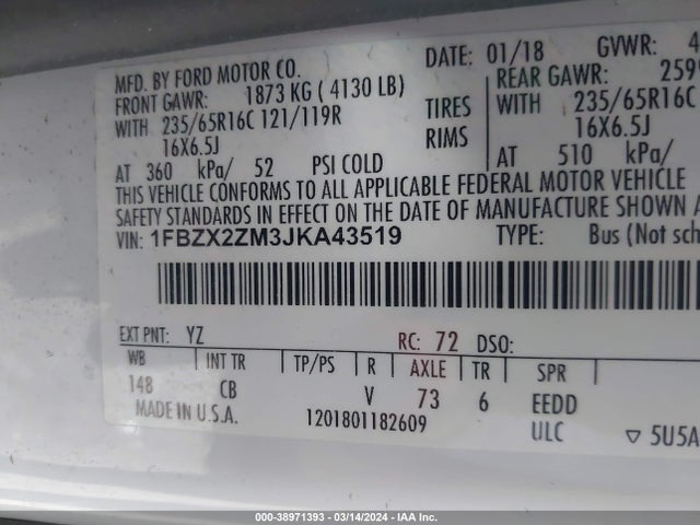 Ford Transit-350 Xlt 2018 1FBZX2ZM3JKA43519 Image 9