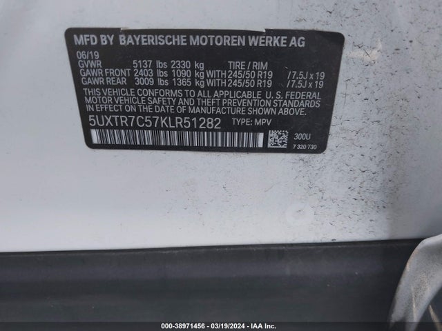 BMW X3 Sdrive30i 2019 5UXTR7C57KLR51282 Image 9