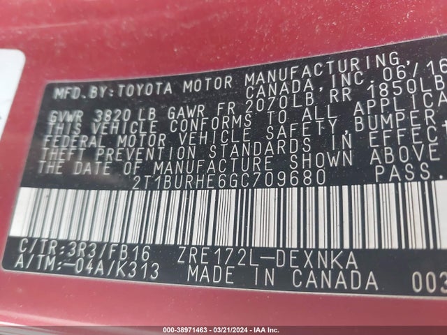 Toyota COROLLA LE 2016 2T1BURHE6GC709680 Image 9
