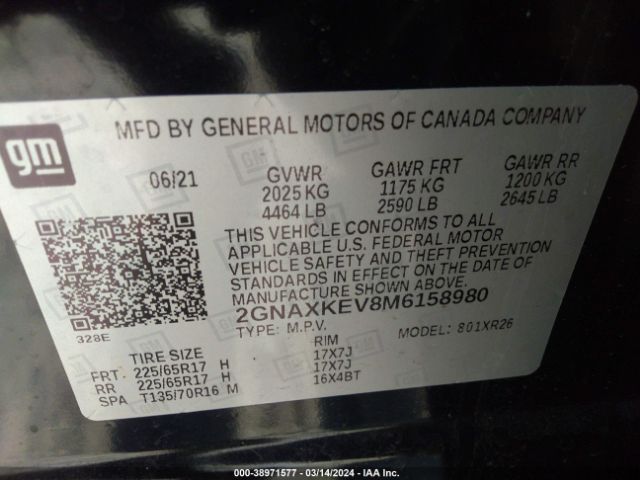 2GNAXKEV8M6158980 Chevrolet Equinox Fwd Lt