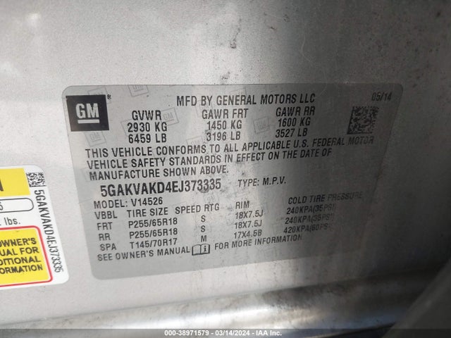 Buick Enclave Convenience 2014 5GAKVAKD4EJ373335 Image 9