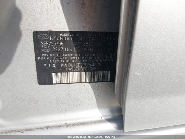 2007 HYUNDAI ELANTRA GLS/LIMITED/SE VIN: KMHDU46D97U044326