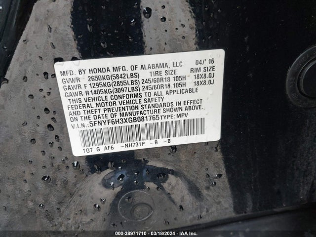 Honda Pilot Ex 2016 5FNYF6H3XGB081765 Image 9